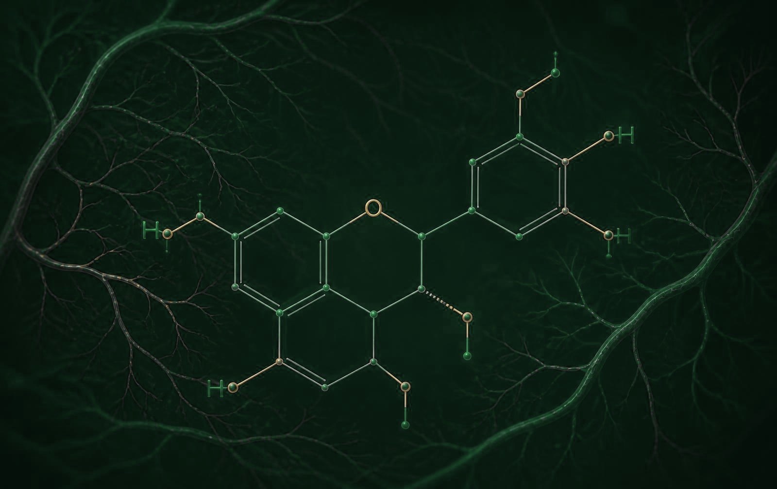 Scientific graphic of a flavanol molecular structure over a vascular network